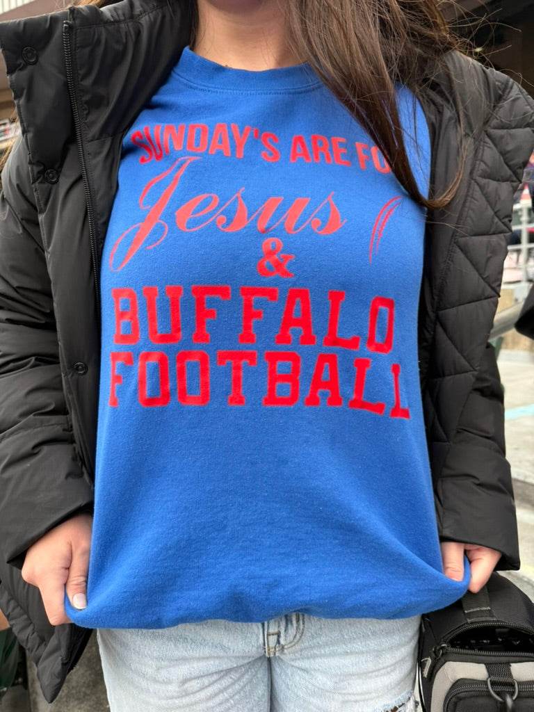 Sundays are for Jesus and Buffalo Football cozy crewneck sweatshirt with bold white outlined text