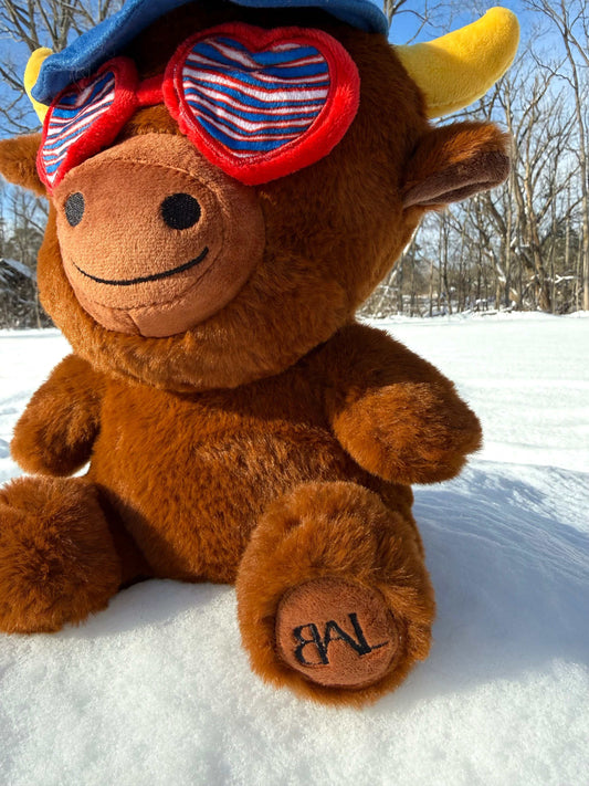 buffalo plush teddy bear close-up showing face and fan glasses detail