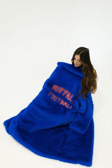 blue faux fur coat side view soft winter outerwear