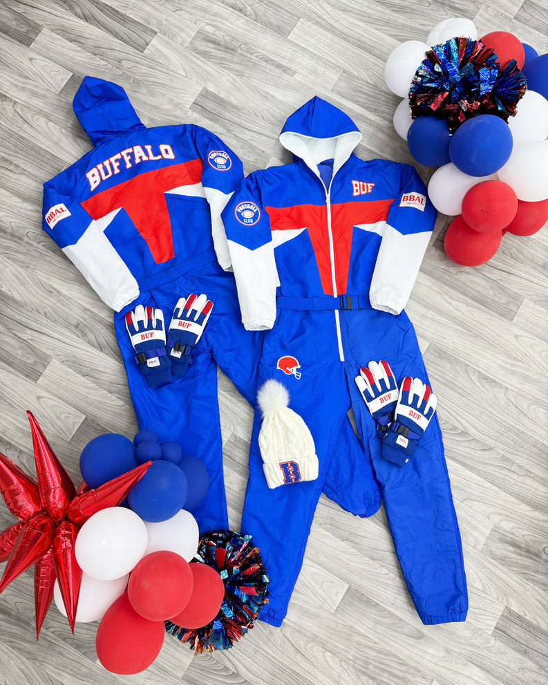 snow suits laid out with fur hood