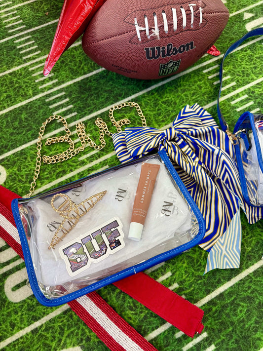 Buffalo Bills clear stadium bag with red beaded strap