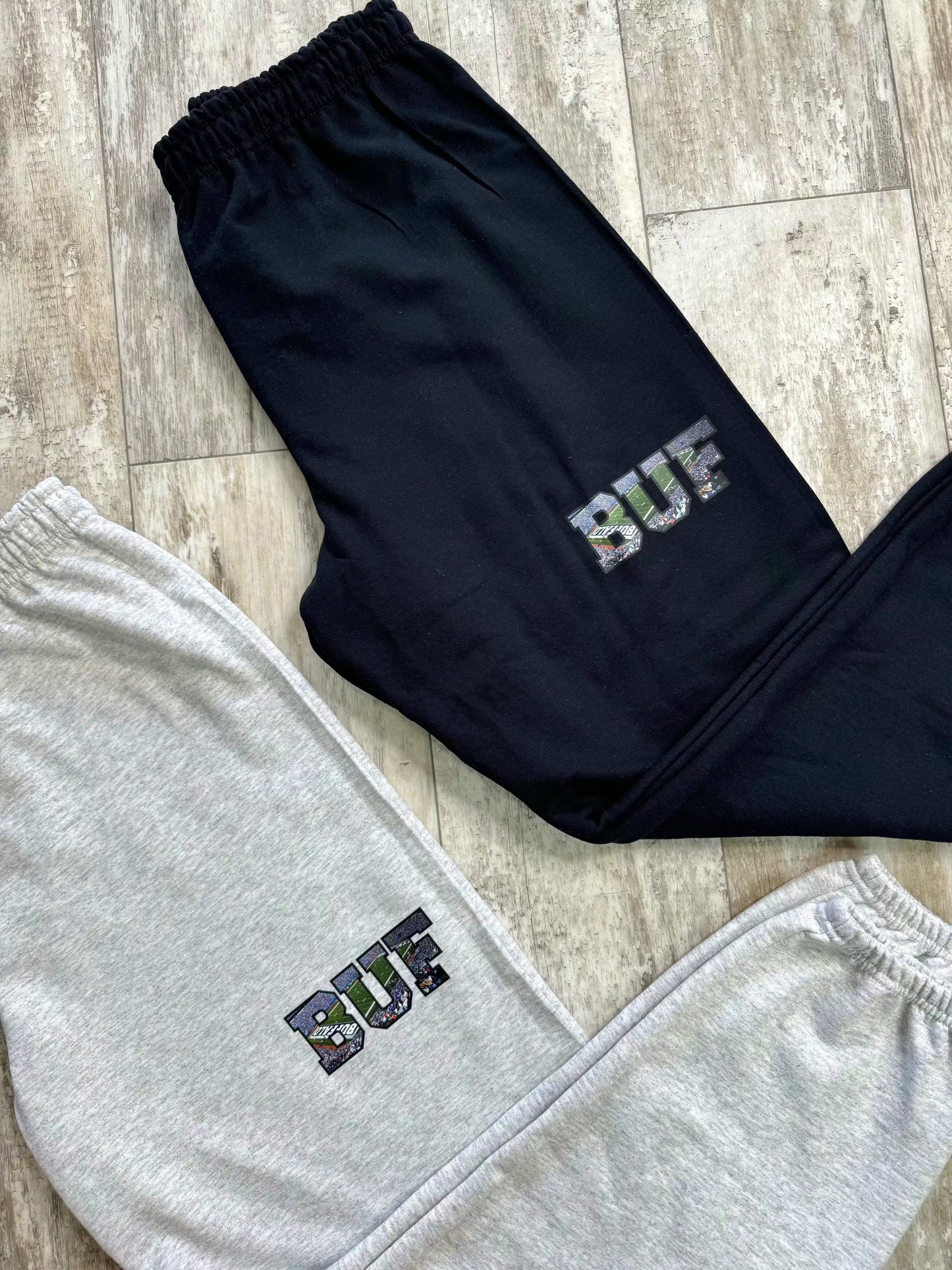 A "View From the Ralph" buffalo joggers front detail