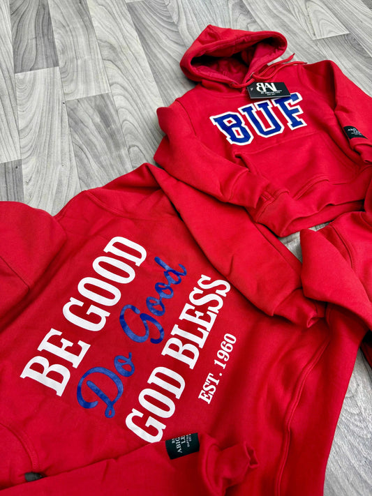 kids hoodie front graphic detail Be Good Do Good God Bless Go Bills