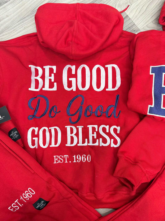 Be Good Do Good embroidered sweatsuit set red hoodie and joggers