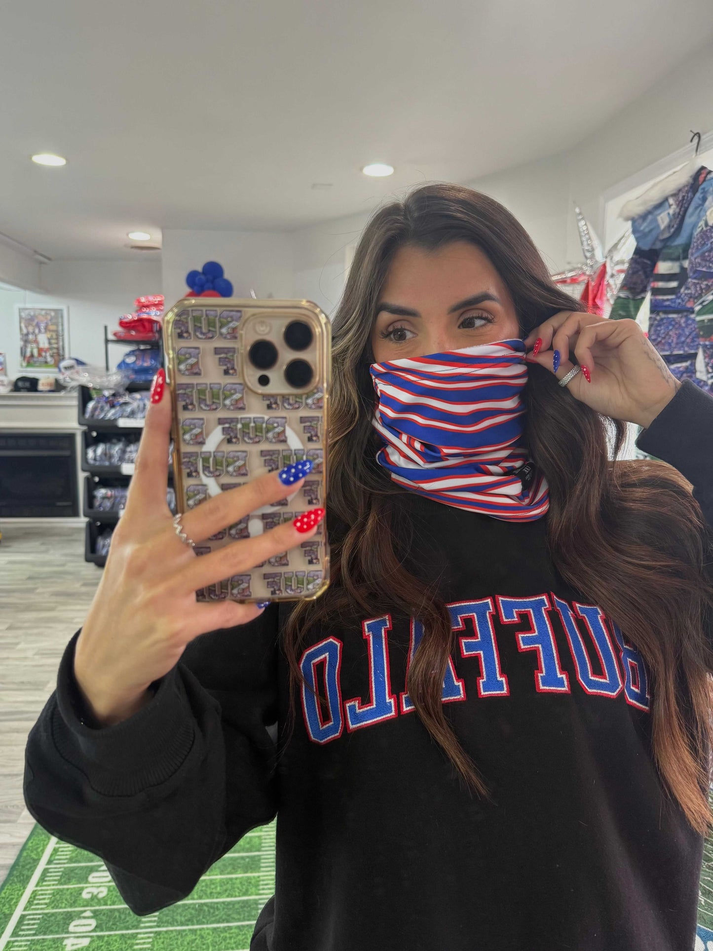 Buffalo Bills neck gaiter worn as winter face covering