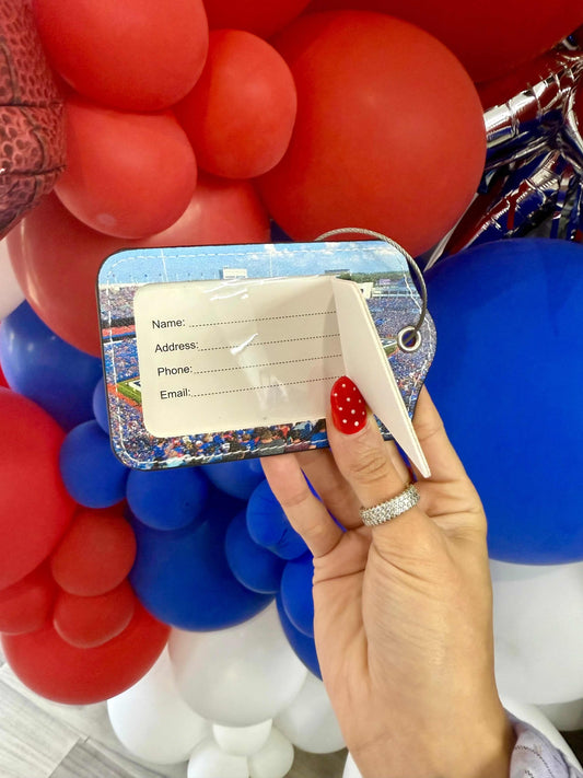 Buffalo Bills luggage tag close up with durable ring