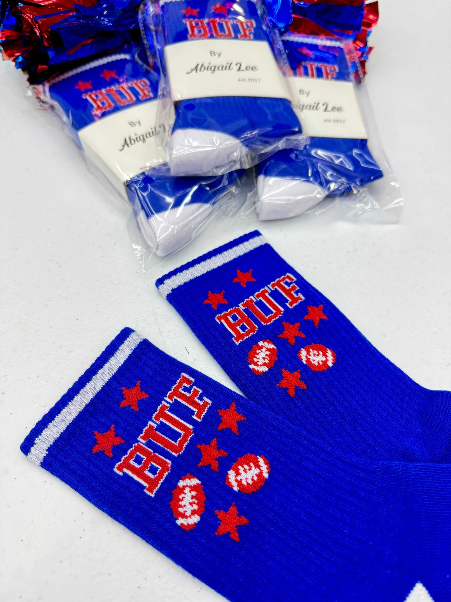 buffalo crew socks close up showing cushioned knit texture and design