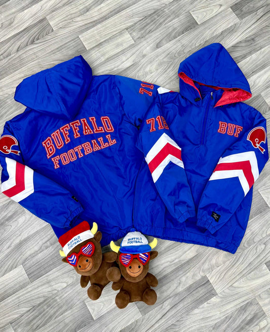 Throwback Stadium Coat flat lay showing bold color blocking and vintage design