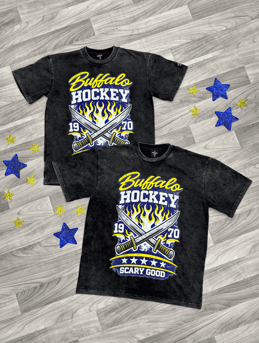 Scary Good Buffalo Hockey Acid Wash Oversized Tee