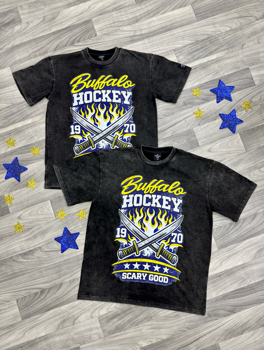 Scary Good Buffalo Hockey Acid Wash Oversized Tee