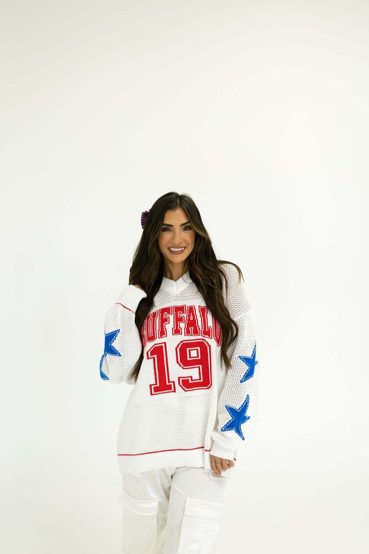Buffalo football knit sweater worn styled outfit oversized game day look
