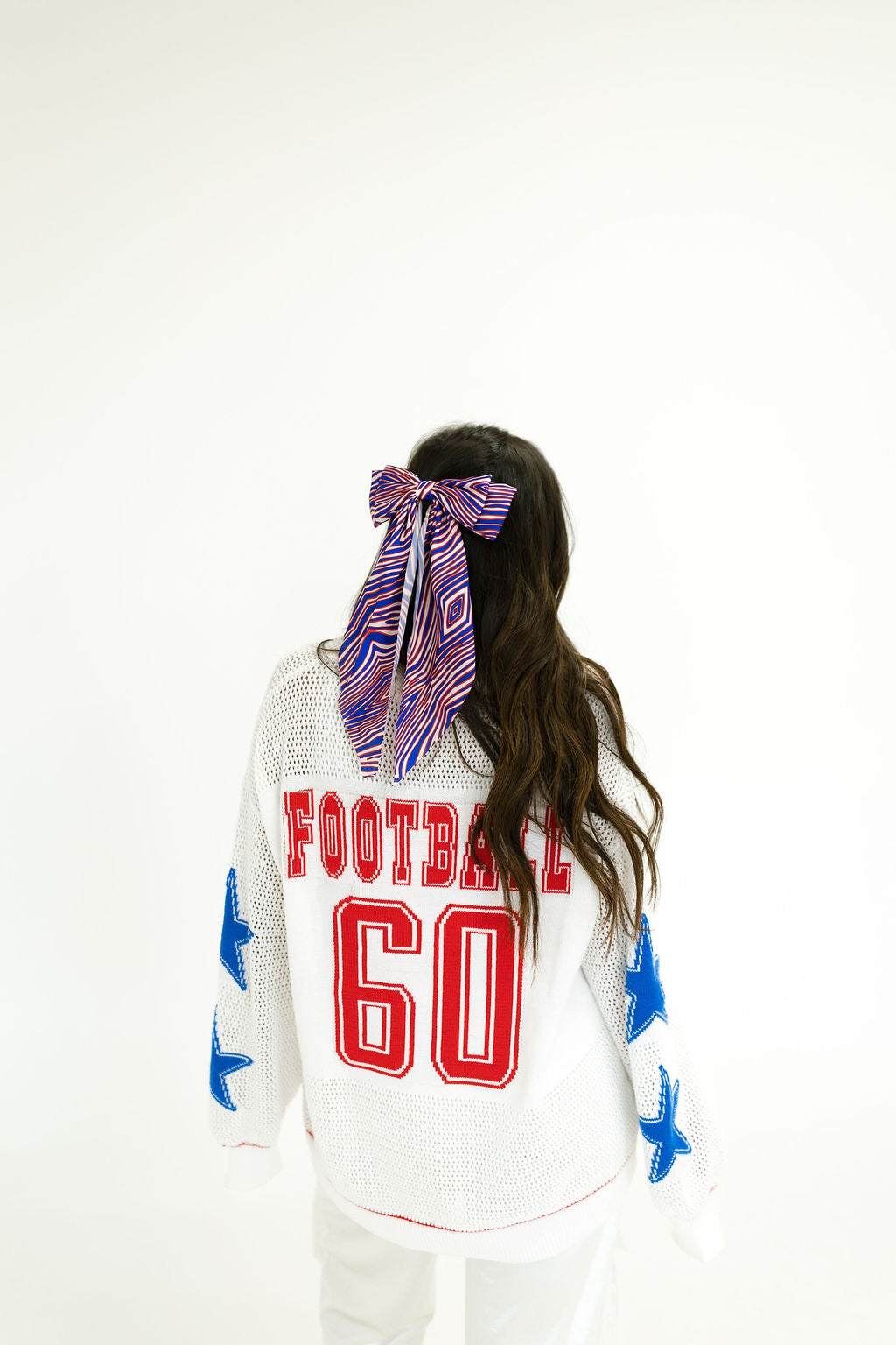 Buffalo football knit sweater full body styling oversized winter outfit