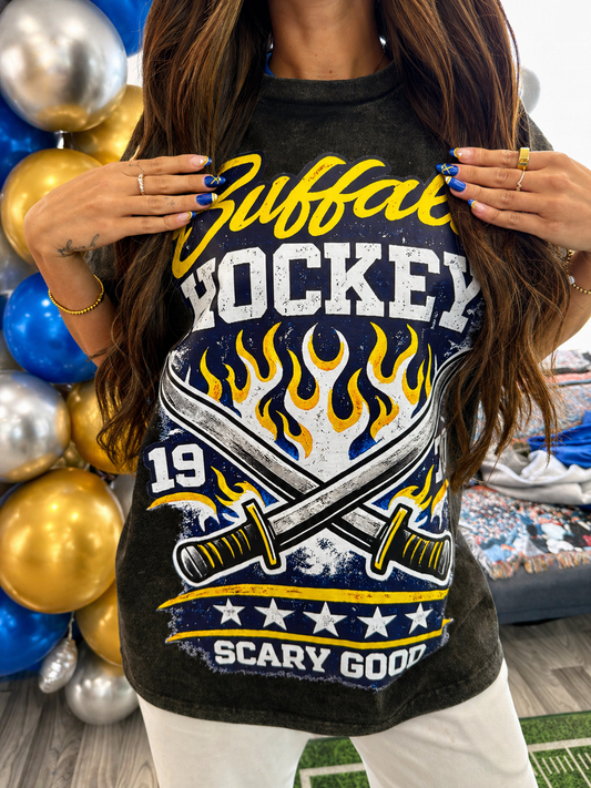 Scary Good Buffalo Hockey Acid Wash Oversized Tee
