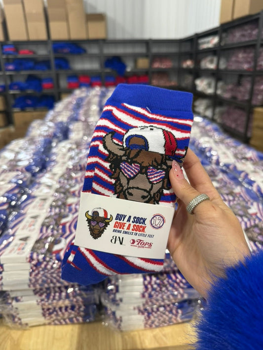 Buffalo Bills crew socks with red white and blue stripes and mascot design