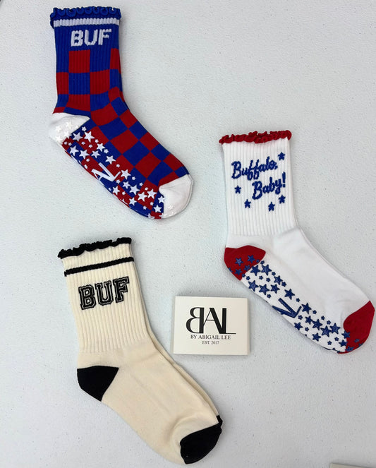 The 26' Collection Sock with red and royal checkerboard design and BUF knit cuff