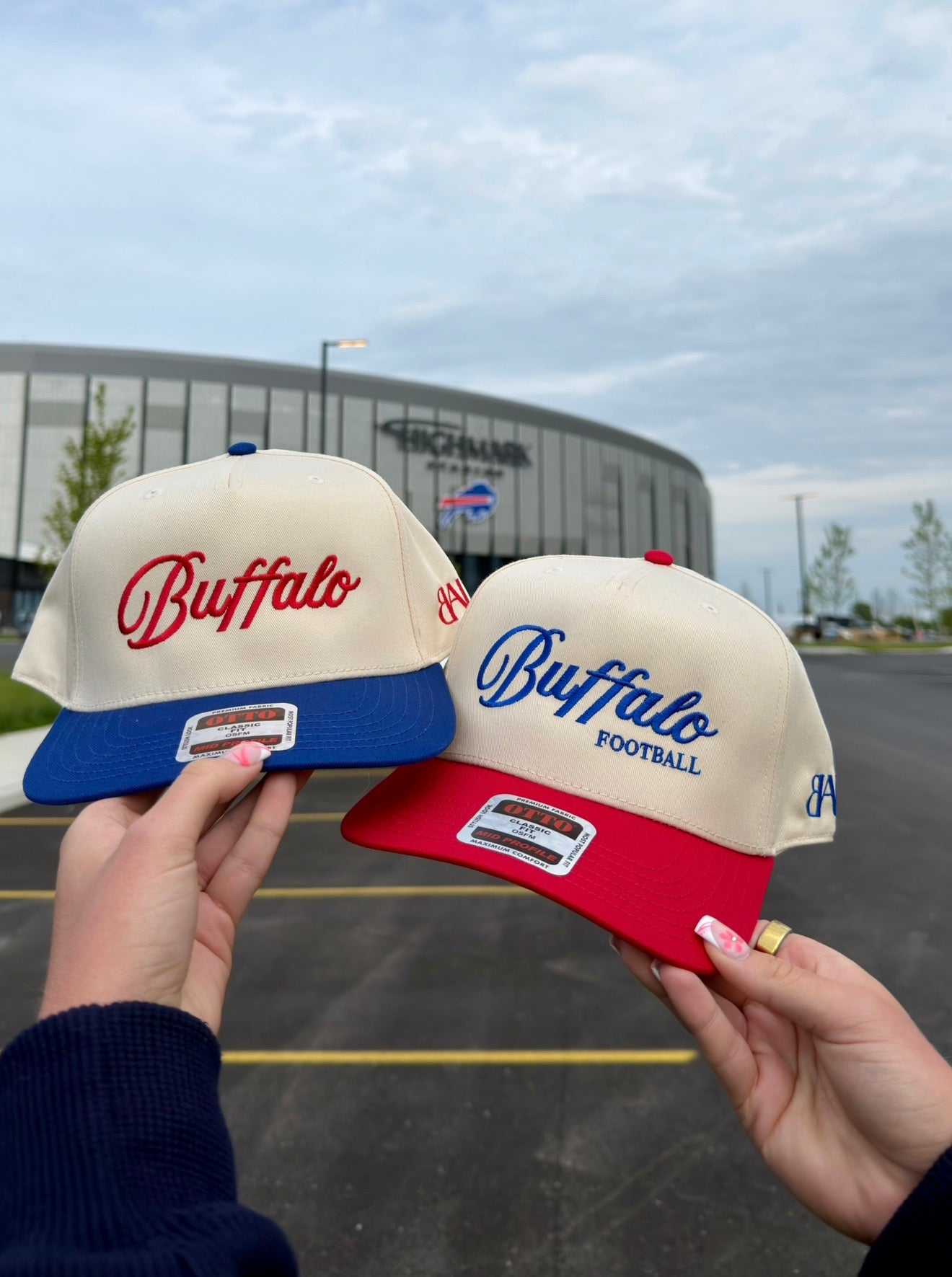 Buffalo Football script hat with dual cream and red royal blue colors, adjustable fit, embroidered 26 and BAL details, unisex style celebrating 250 BUF.
