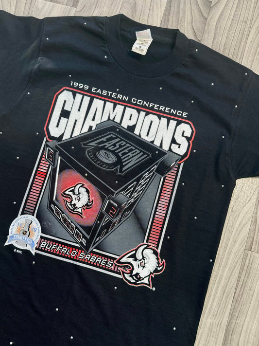 VTG Sabres Taking on '99 Tee - Vintage Buffalo Sabres t-shirt (Size L) with hand-placed gems, longer fit, and a specialty one-of-a-kind design.