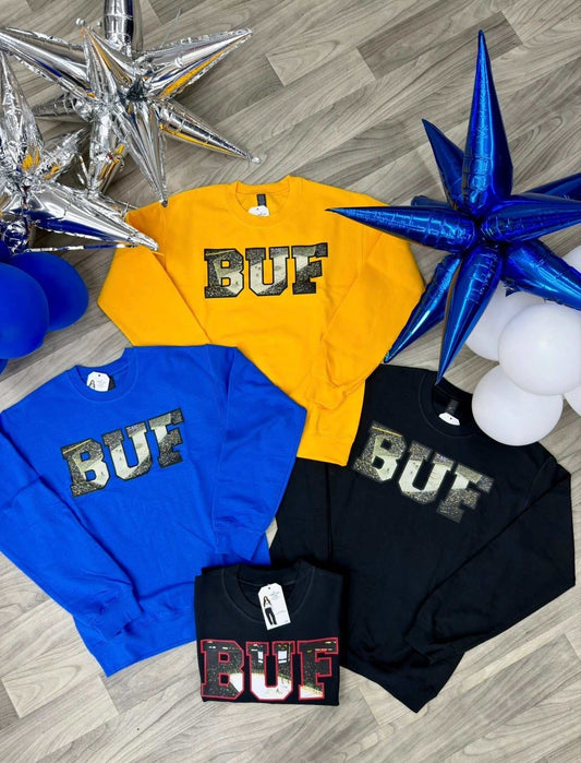 Buffalo hockey crewneck sweatshirt with playoff design and rhinestone stars in multiple colors