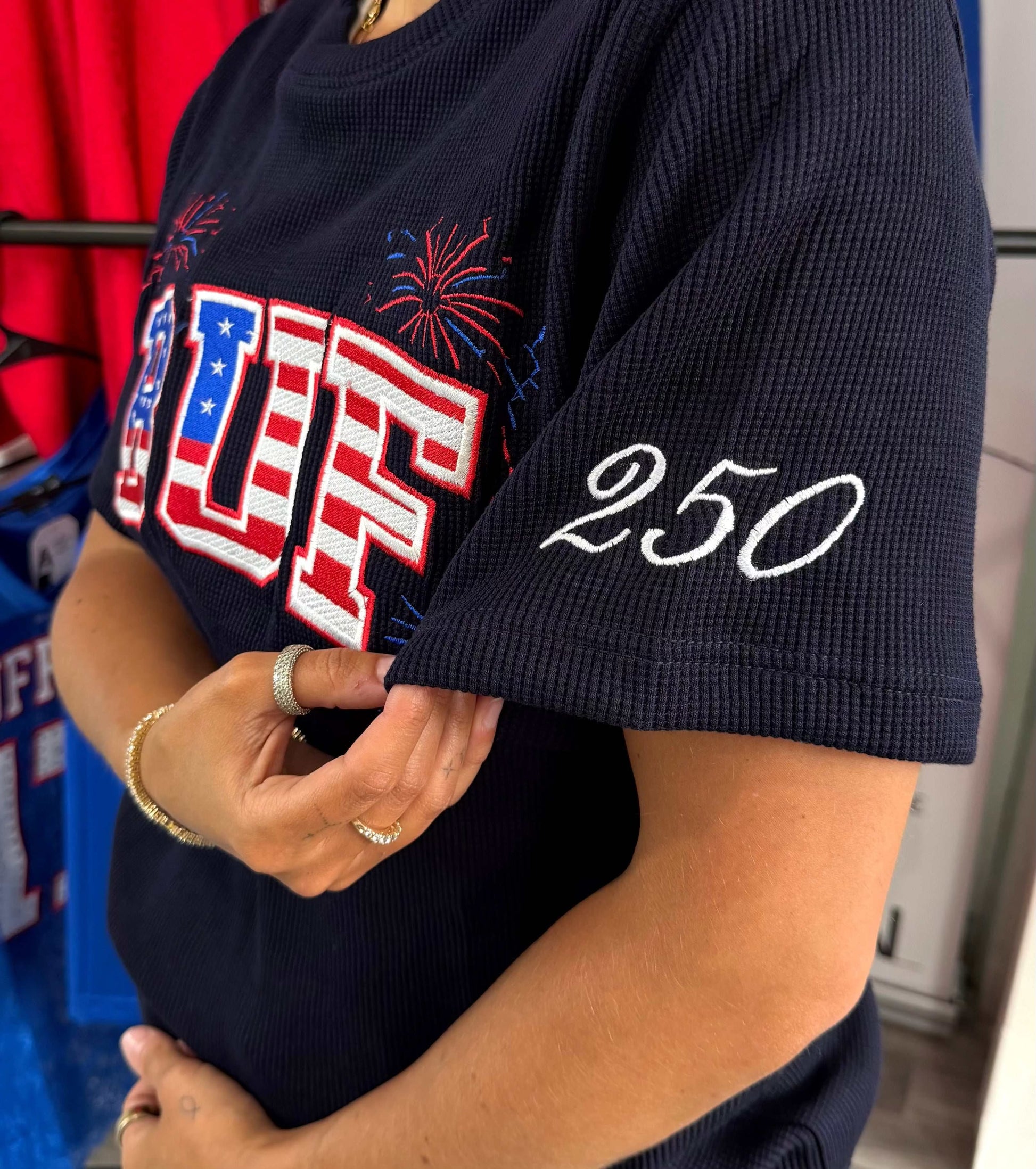 Unisex BUF Fourth of July waffle knit tee with graphic, medium fit, perfect for summer layering