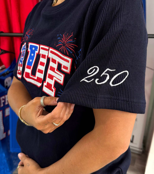 Unisex BUF Fourth of July waffle knit tee with graphic, medium fit, perfect for summer layering