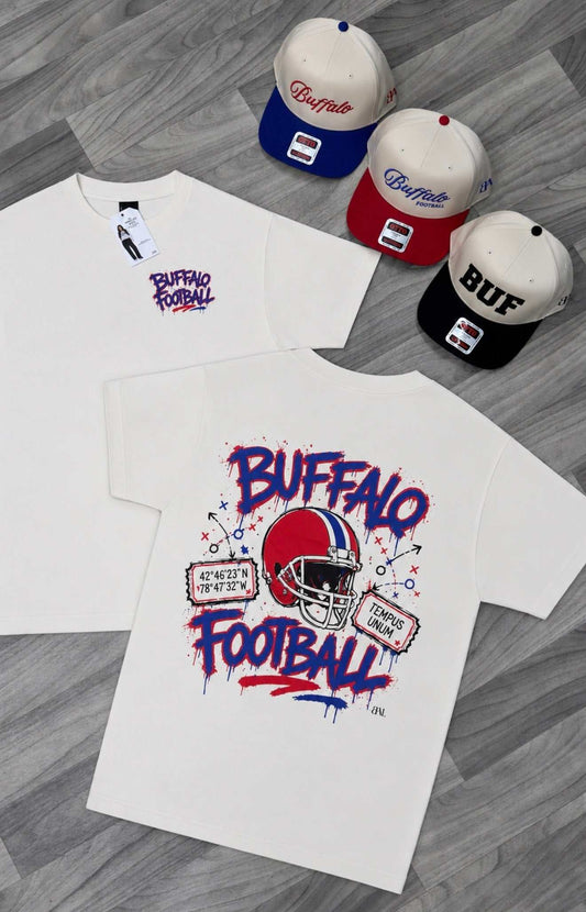 Buffalo Graffiti cream tee with stadium coordinates design for Buffalo football season one celebration