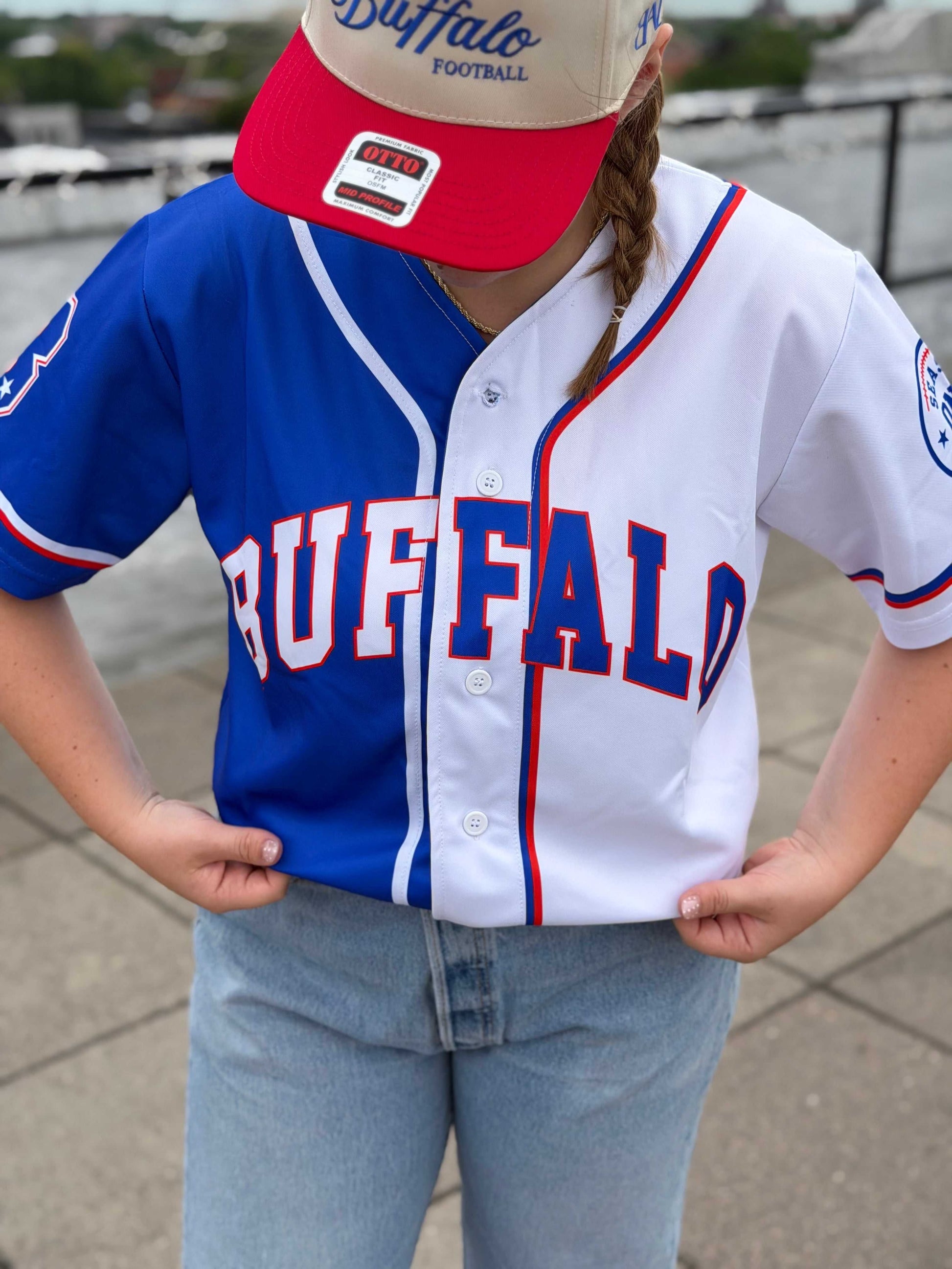 Buffalo Summer Split baseball jersey with BAL Season One sleeve design, unisex oversized fit, lightweight for summer weather