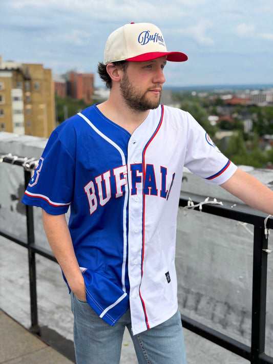 Buffalo Summer Split baseball jersey with BAL Season One sleeve design, lightweight and unisex fit worn by models