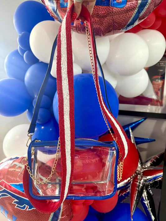 Blue Stadium Bag with Beaded Red Strap