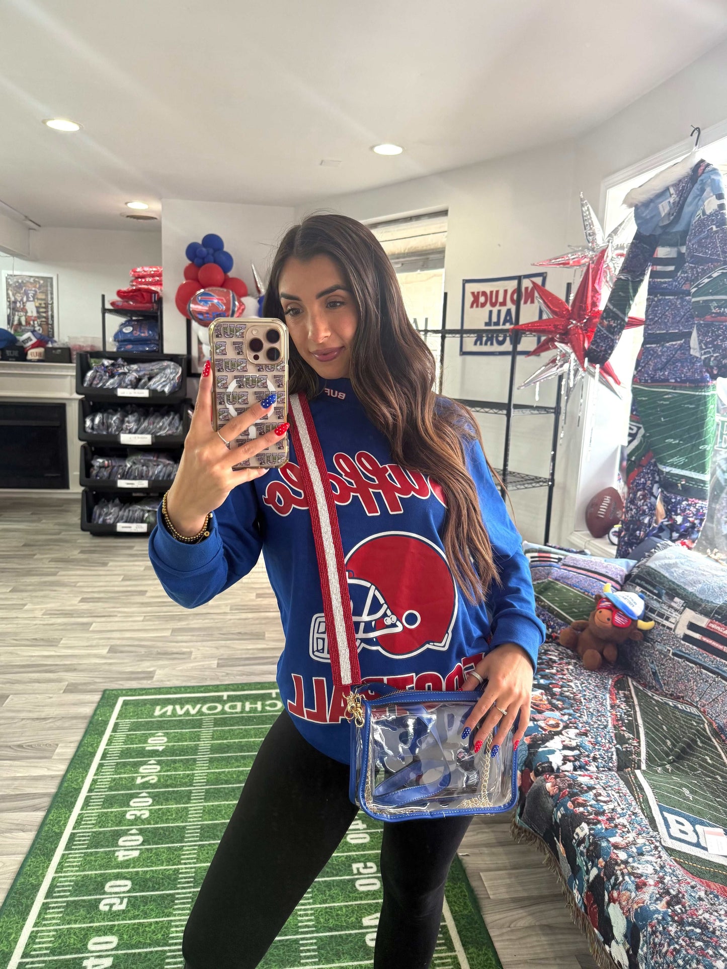 Buffalo Bills clear stadium bag styled for game day outfit