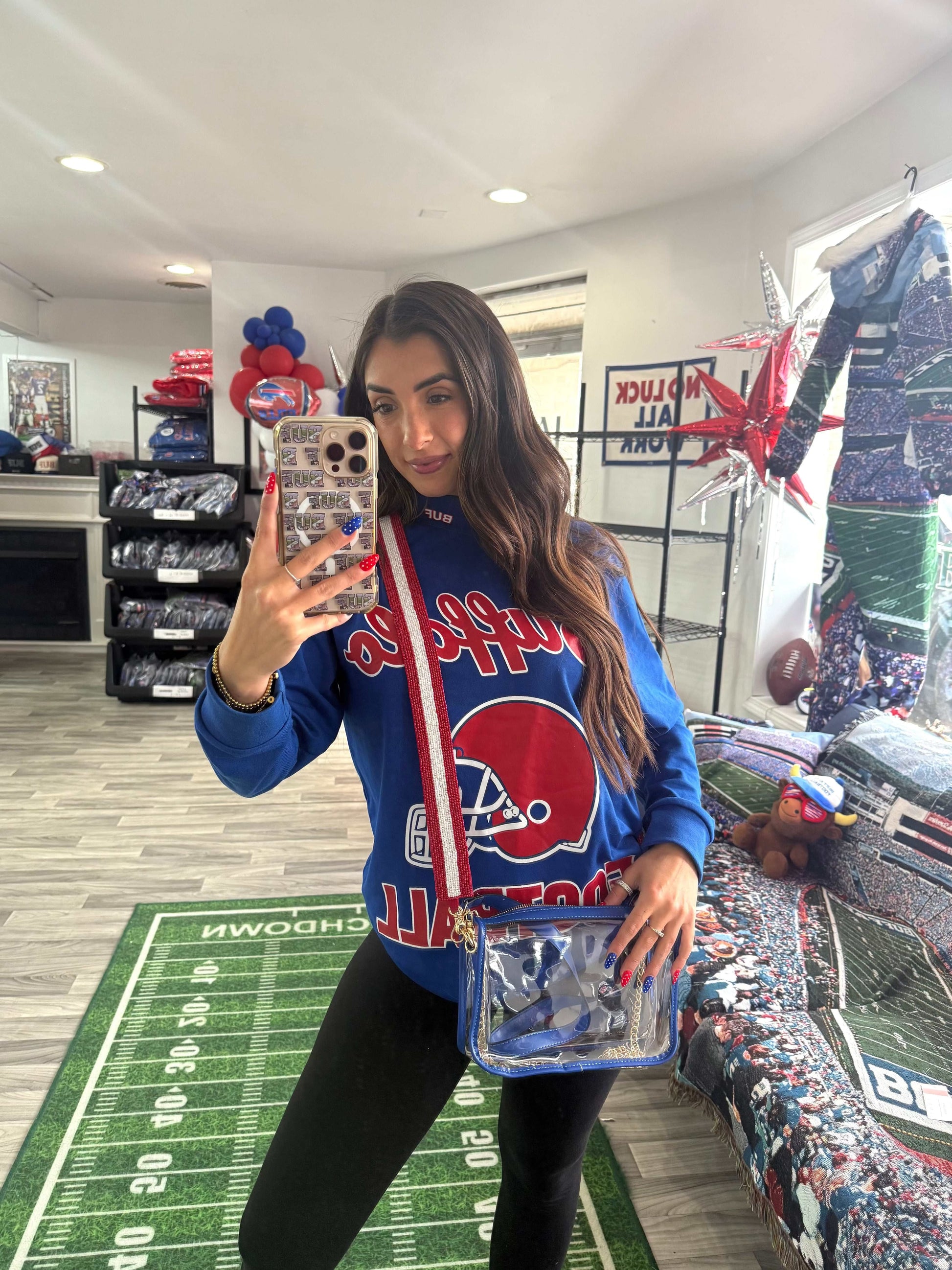 Buffalo Bills clear stadium bag styled for game day outfit
