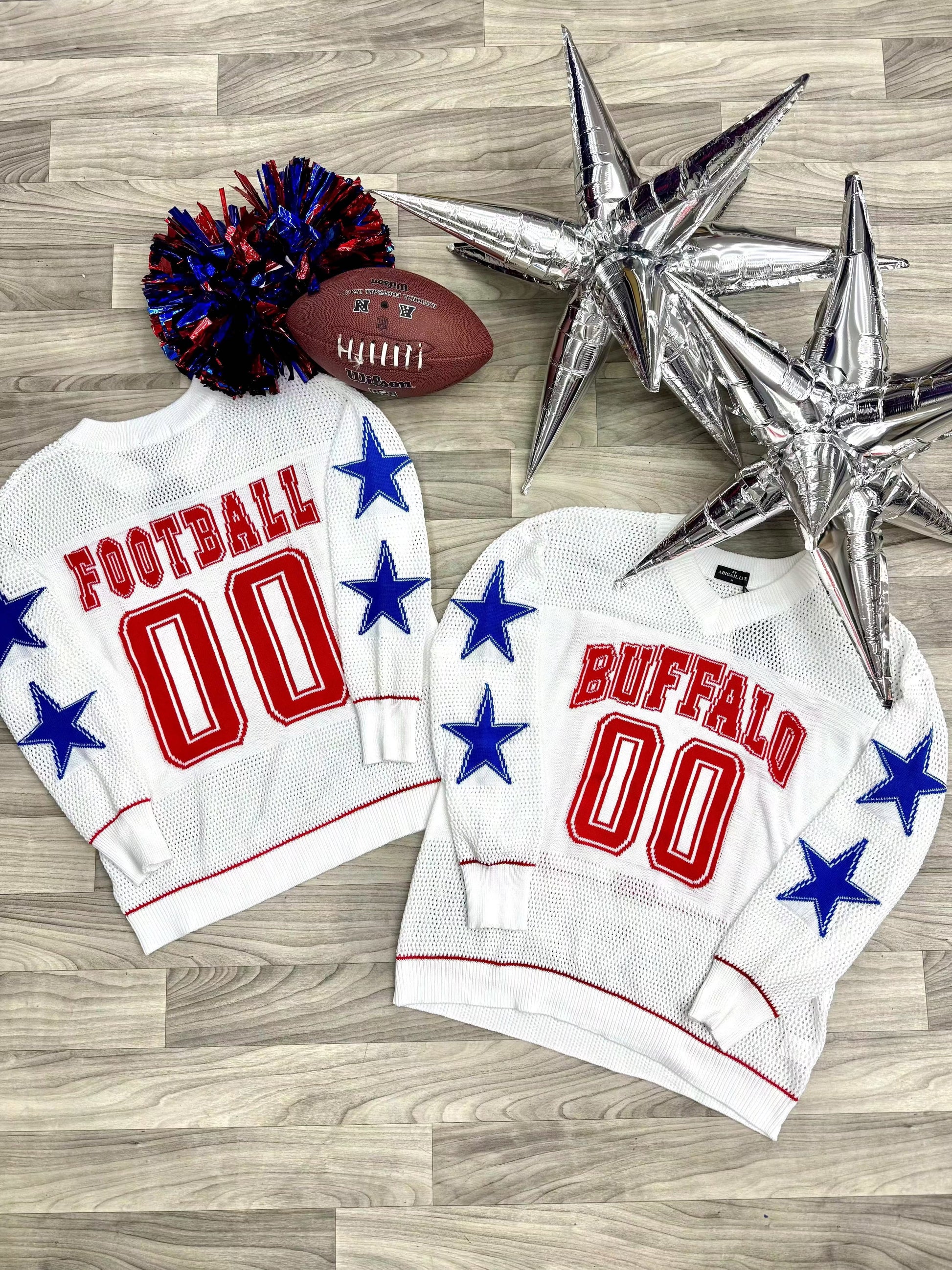 Buffalo football knit sweater oversized with blue beaded star sleeves and Buffalo lettering