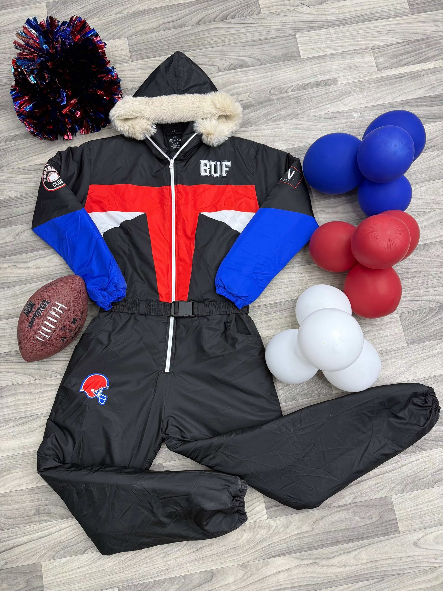 BUF Power Ranger BLACK Snow Suit with faux fur hood, adjustable belt, waterproof and lined for winter warmth