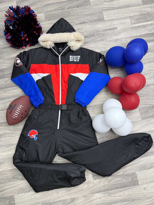 BUF Power Ranger BLACK Snow Suit with faux fur hood, adjustable belt, waterproof and lined for winter warmth