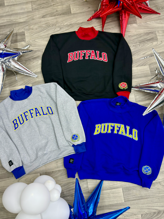 Buffalo Sabres sweatshirt with mock neck, lightweight and relaxed unisex fit for game day and everyday wear