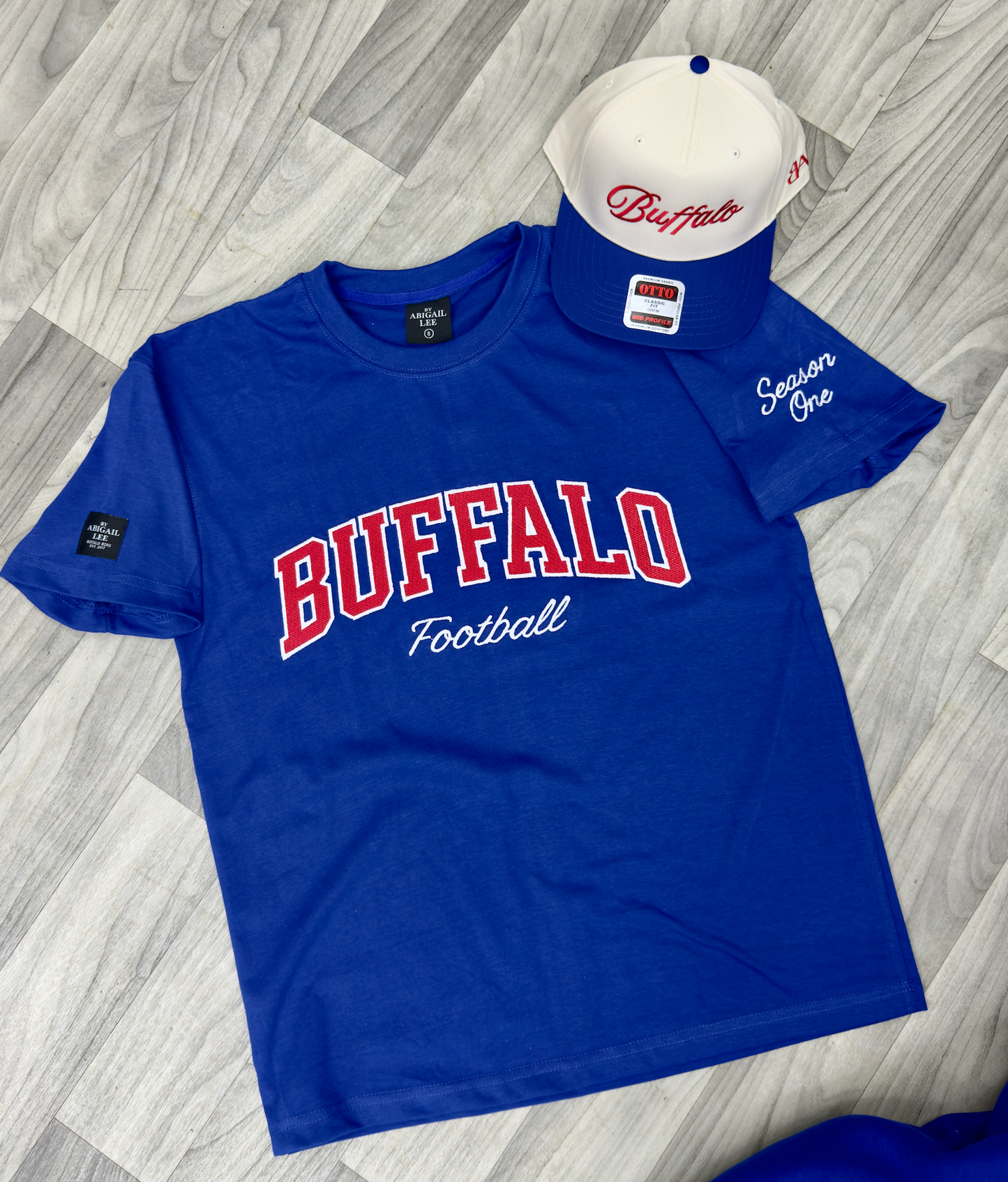 Buffalo Football Tee with varsity lettering and Season One sleeve detail in premium cotton blend
