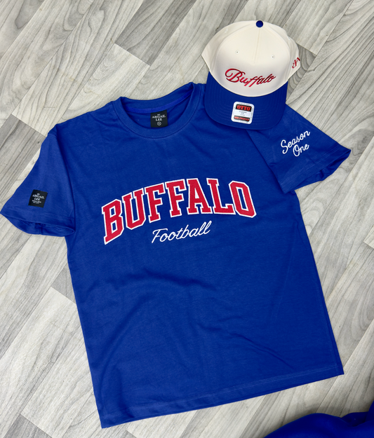 Buffalo Football Tee with varsity lettering and Season One sleeve detail in premium cotton blend
