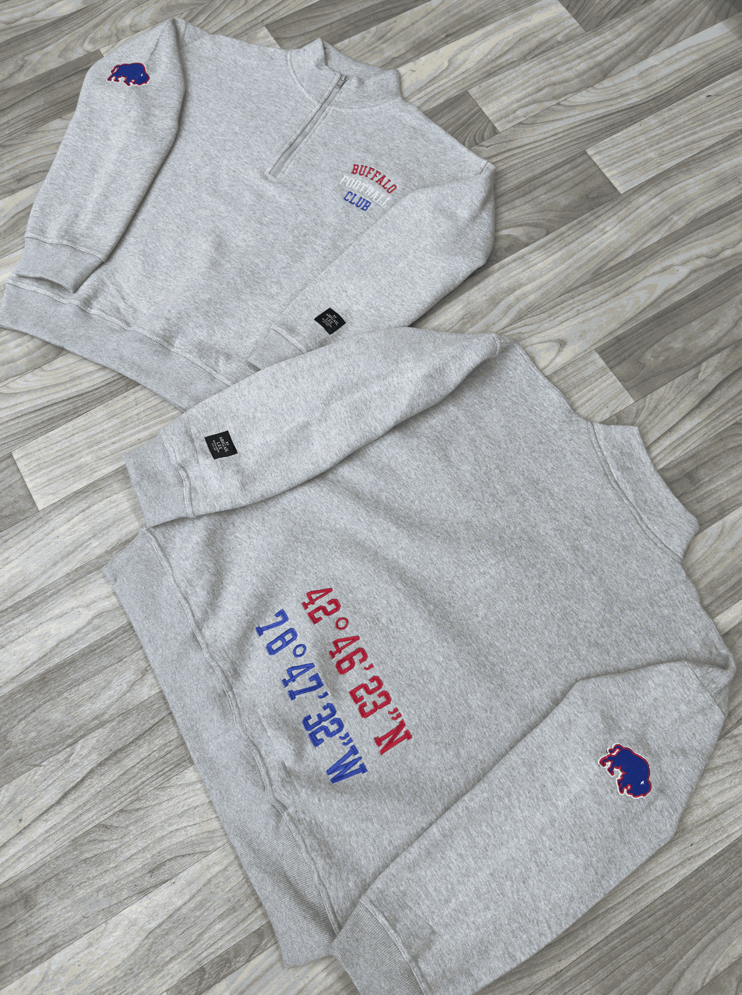New Vibes Quarter Zip Sweatshirt with embroidered Buffalo Football Club logo, bison patches, and stadium coordinates on heavyweight fleece