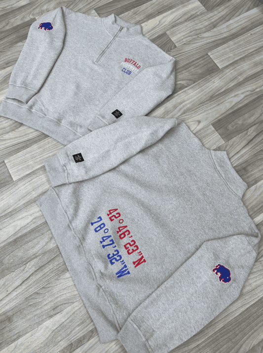 New Vibes Quarter Zip Sweatshirt with embroidered Buffalo Football Club logo, bison patches, and stadium coordinates on heavyweight fleece