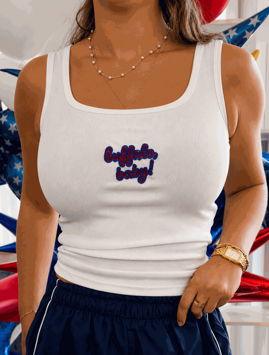 Women's lightweight ribbed tank with hand-beaded "Buffalo, baby!" design, soft and breathable for warm weather